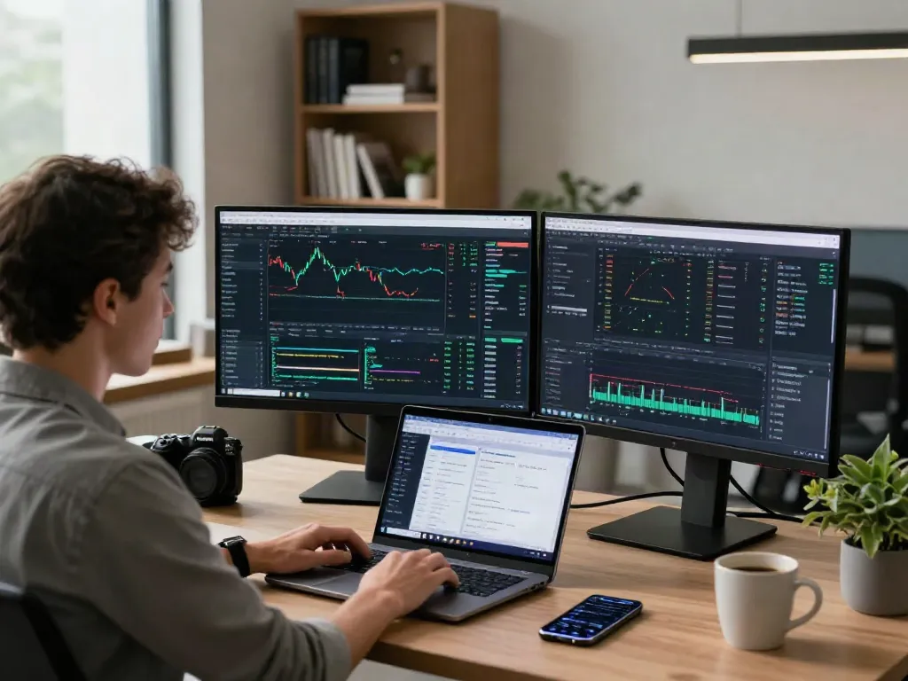 Configuration de trading moderne pour la plateforme essor invexaro, utilisateur analysant des données sur deux écrans.