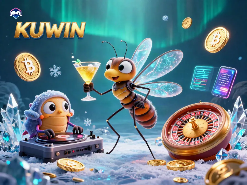 KUWIN mascot engages players with golden cocktails and crypto while offering an electrifying casino experience.