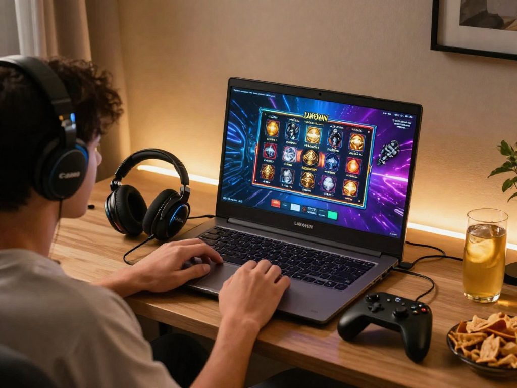 Utilisateur se connectant à LAVOWIN avec un ordinateur, ambiance de jeu confortable