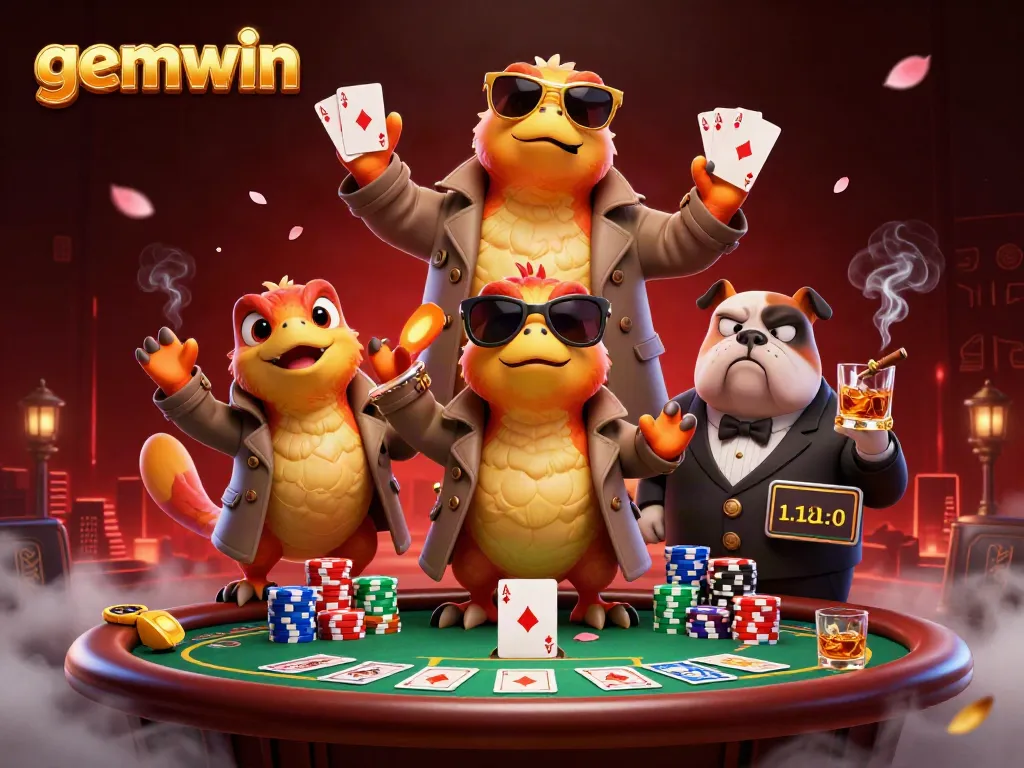 Engage with the exciting gemwin casino featuring raptors disguised and a bouncer amidst poker action.