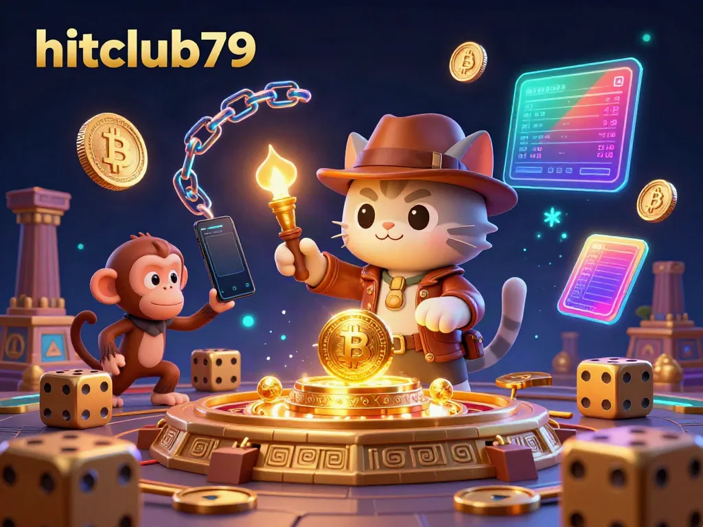 Engage with hitclub79 and explore thrilling online gaming treasures in a vibrant animated scene.