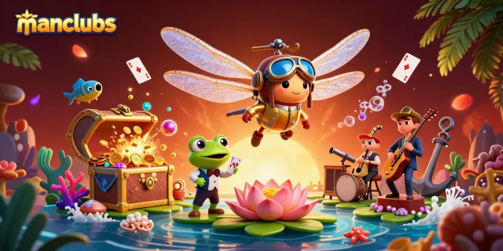 Engage in thrilling gameplay with Manclubs, where the dragonfly pilot and frog croupier create excitement.