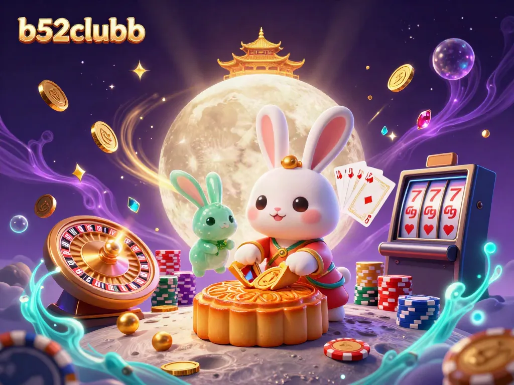 Experience the excitement of b52clubb with a playful scene of moon rabbits unveiling poker chips amid vibrant casino elements.