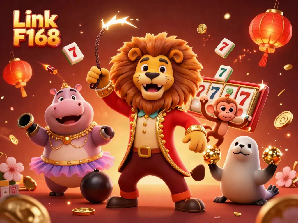 Experience fun excitement at Link F168 with the circus-themed casino illustration filled with games and vibrant characters.