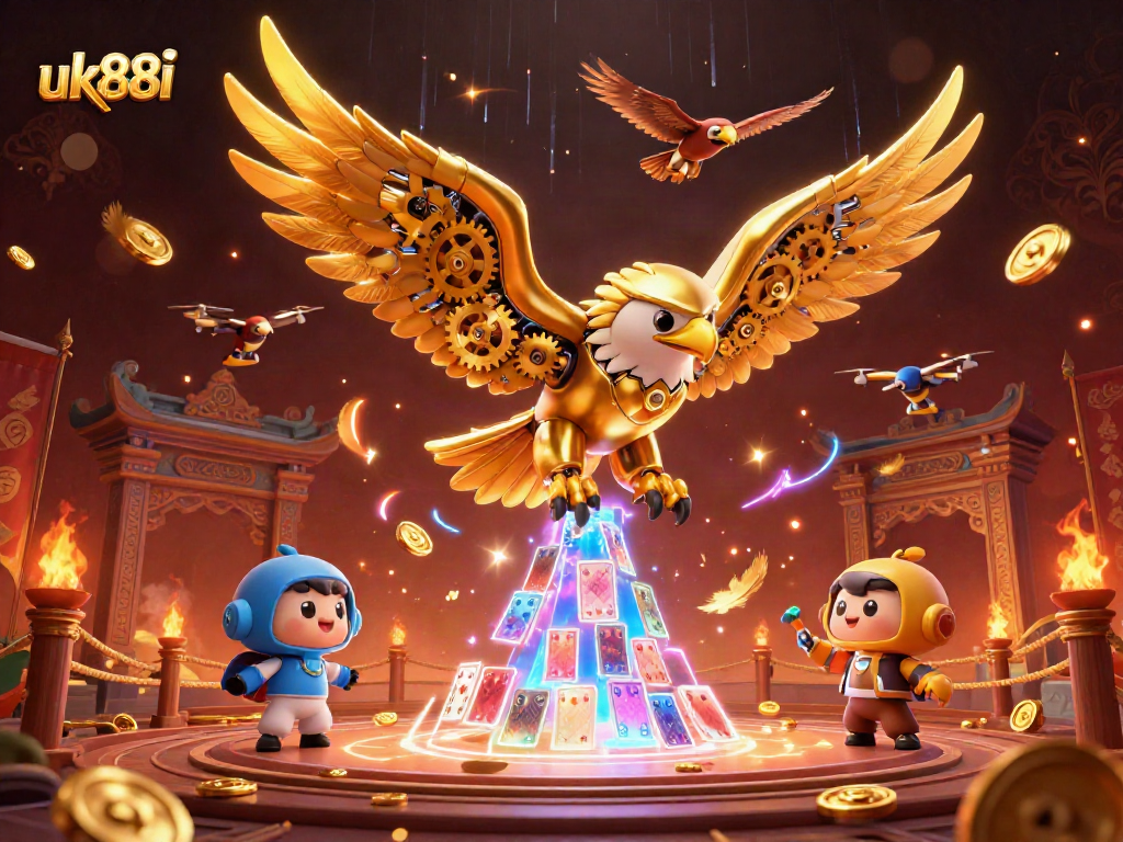 Experience exciting gameplay at uk88i with a dynamic 3D eagle diving through holographic cards.