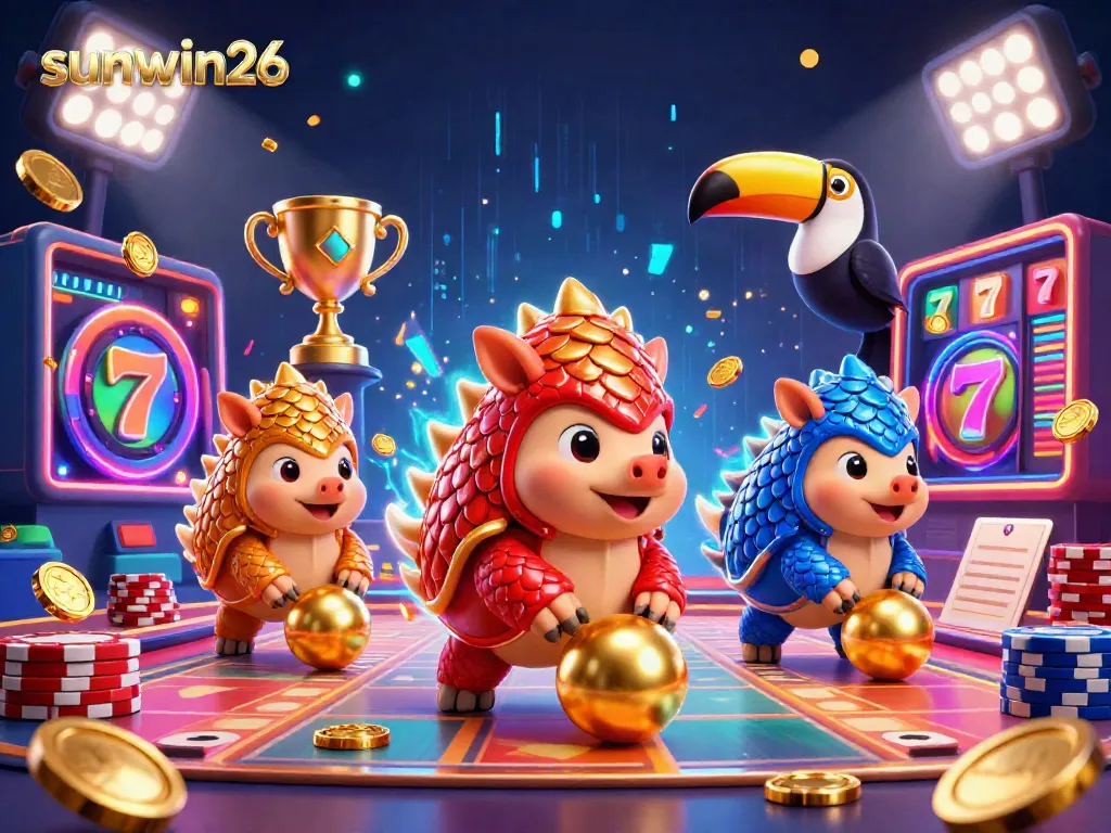 Witness the sunwin26 pangolins in action, rolling for glory amidst poker chips and brilliant slot reels.