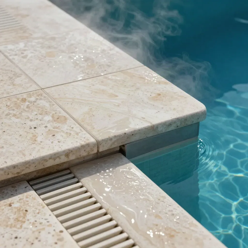 Tour de piscine en dalles claires, joints nets et grille affleurante sous une lumière douce.