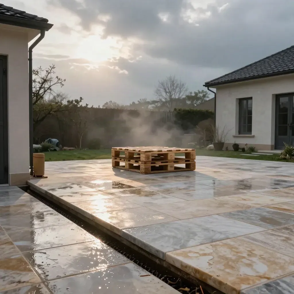 Entrée de maison en pierre claire mouillée, allée et terrasse, avec brume légère au matin.
