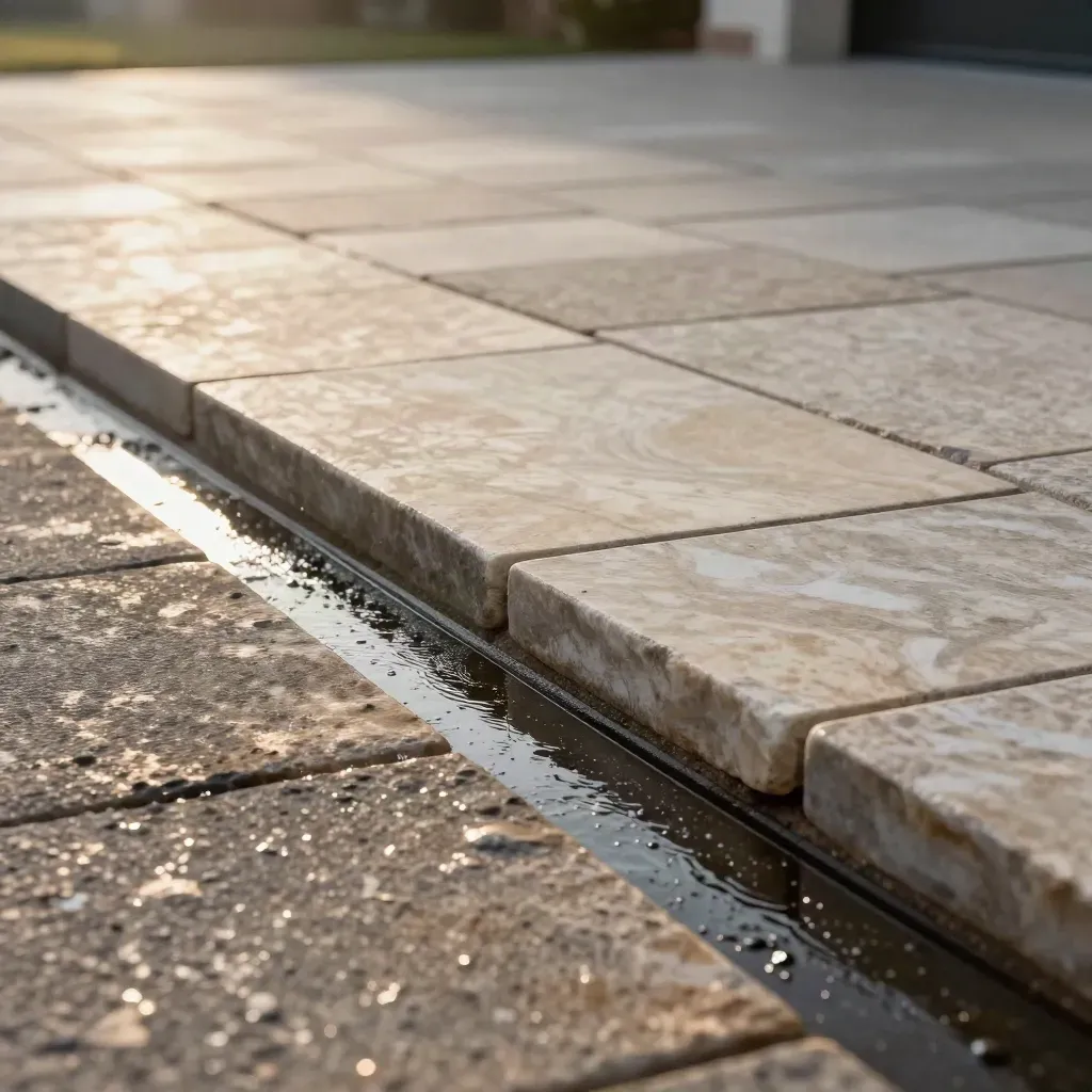 Gros plan d’une allée en pierre claire avec eau de rinçage et joints nets.