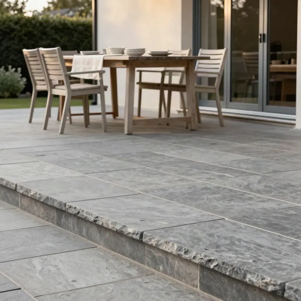 Terrasse neuve en dalles grises, table vide et chaises rangées devant la maison.