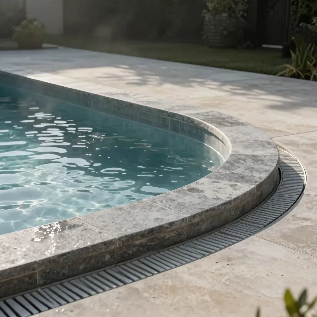 Tour de piscine en pierre antiglisse, courbe nette, eau miroitante et brume légère.