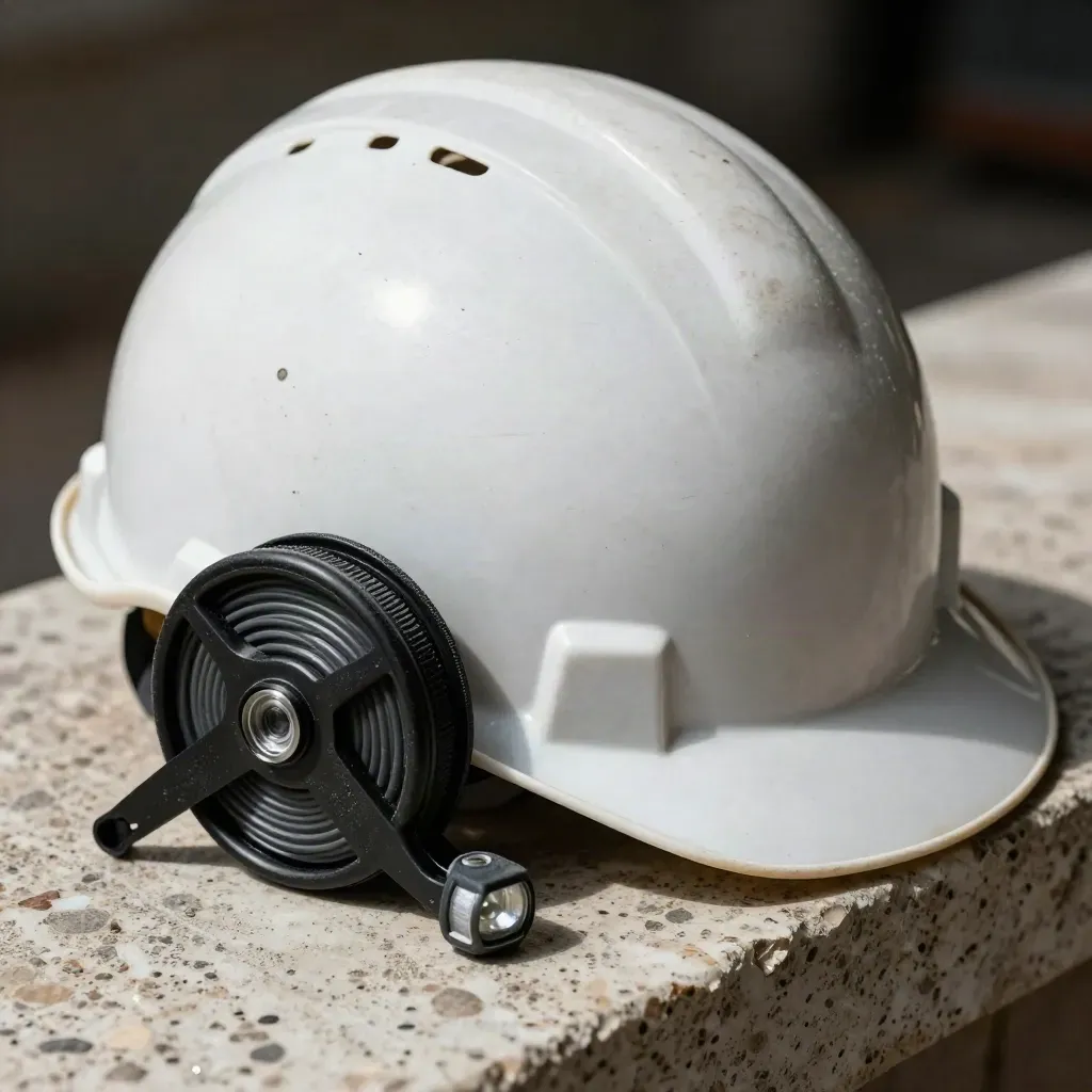 Casque de chantier, cordeau et lampe d’inspection sur pierre poussiéreuse.