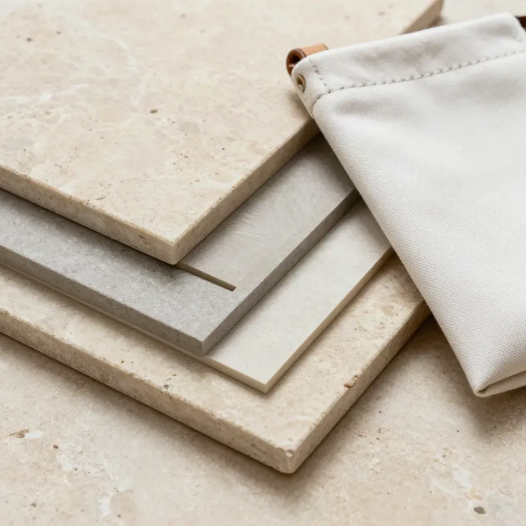 Échantillons de pierre, finitions neutres et pochette en toile claire sur une dalle beige.