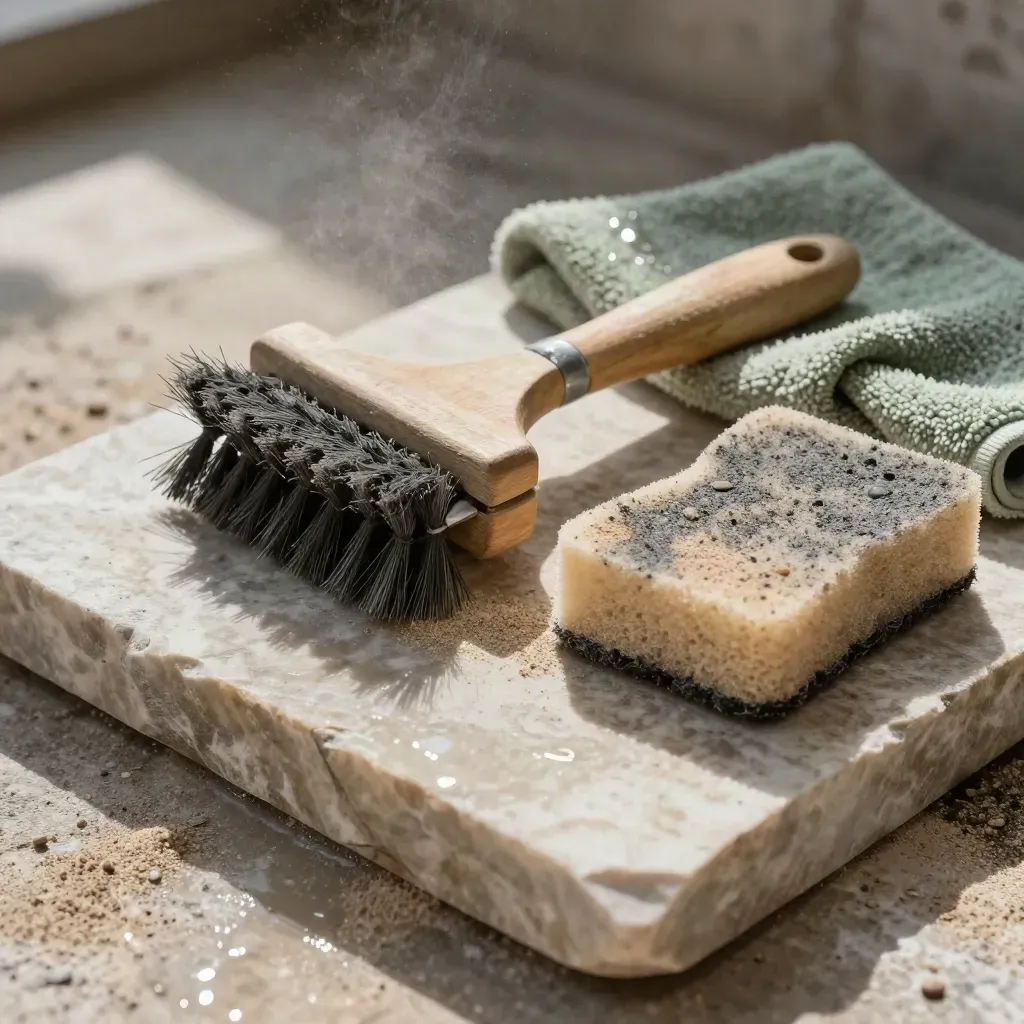 Outils de finition pour dallage sur une pierre humide, avec brosse à joints, éponge et bloc abrasif.