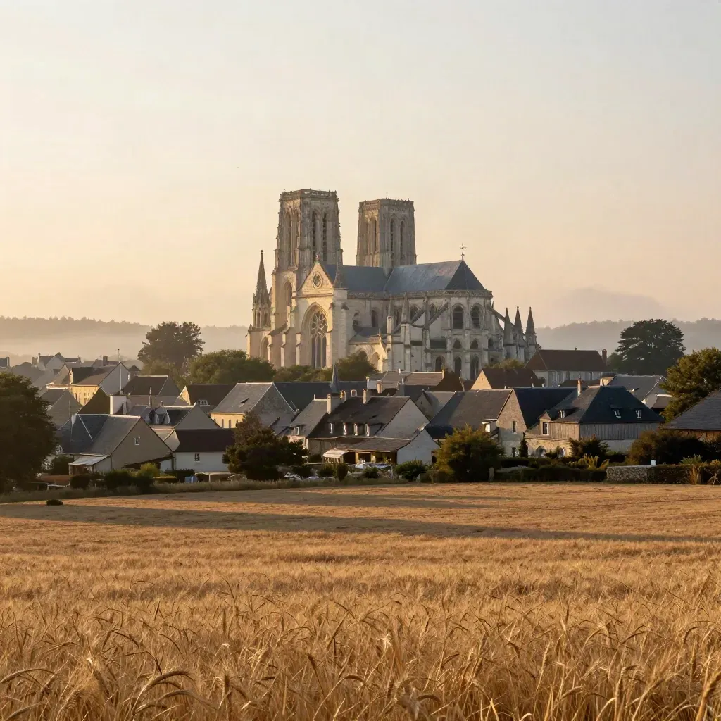 Chartres surplombe les champs d’Eure-et-Loir dans une lumière dorée et une brume légère.