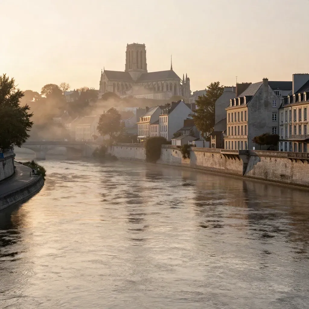 Loiret au crépuscule, Loire calme, quais d’Orléans dans la brume, cathédrale en silhouette.