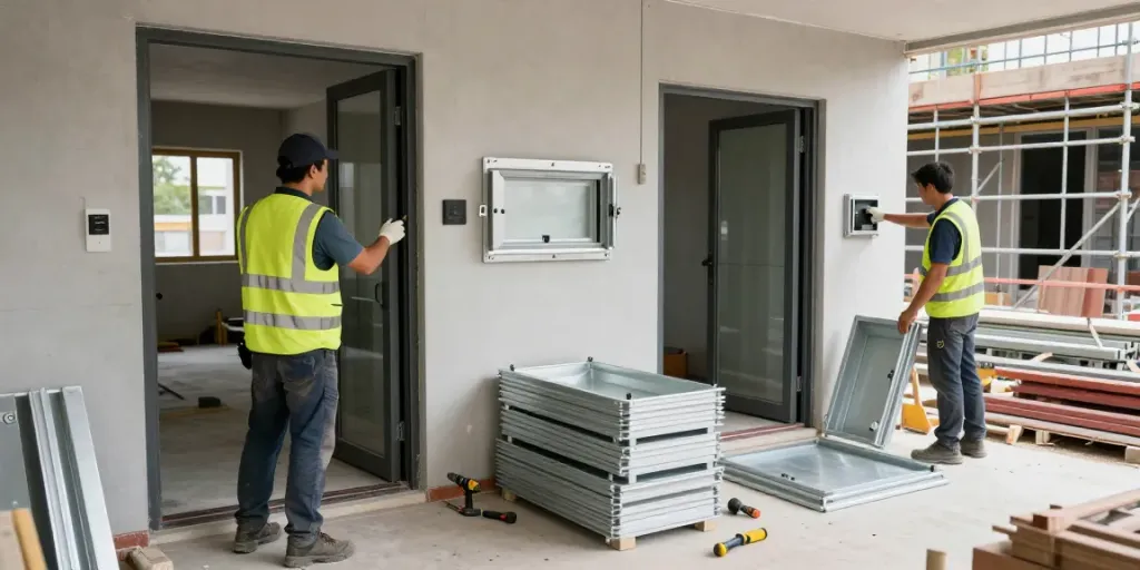 Installation de trappes d'accès Sanluk sur un chantier de construction avec des travailleurs inspectant et sécurisant les ouvertures.
