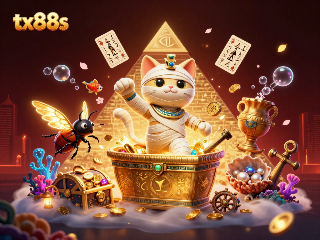 Experience exciting gaming adventures at tx88s with a vibrant illustration of a mummy cat in a dynamic casino scene.