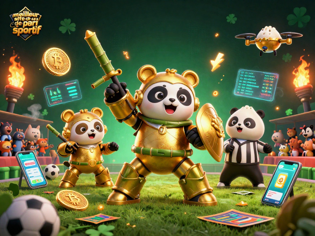 Pariez sur le meilleur site de pari sportif avec une illustration de panda doré en armure.