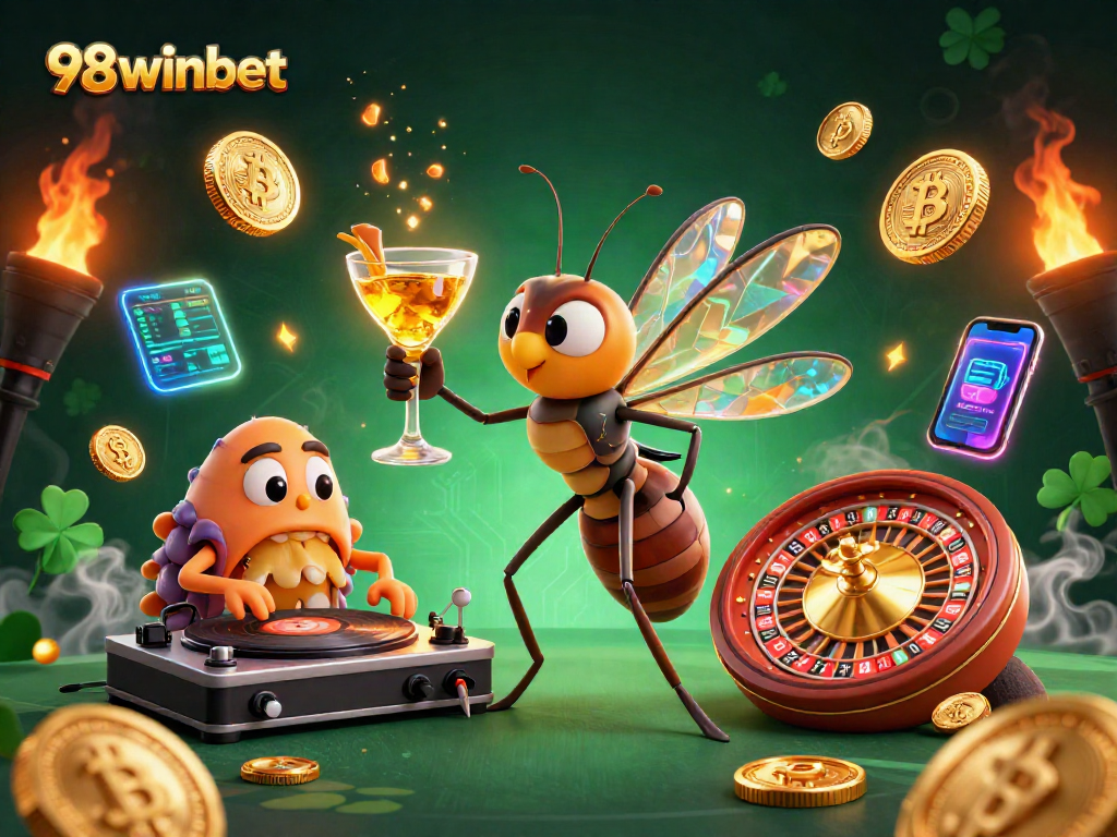 Engage with 98winbet's vibrant casino scene featuring animated characters and crypto elements.