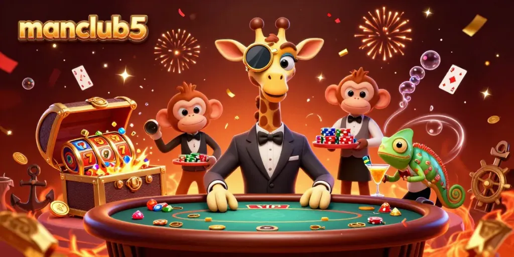 Winning at manclub5 with high-roller giraffe, chip stacks, and vibrant slots.