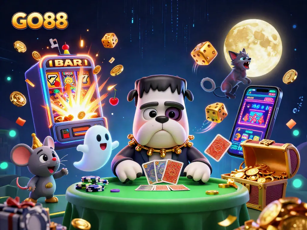GO88 delivers excitement as a bulldog monster deals cards amidst a dynamic casino scene.