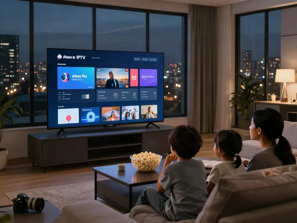 Télévision affichant Atlas Pro IPTV dans un salon moderne avec une famille réunie.