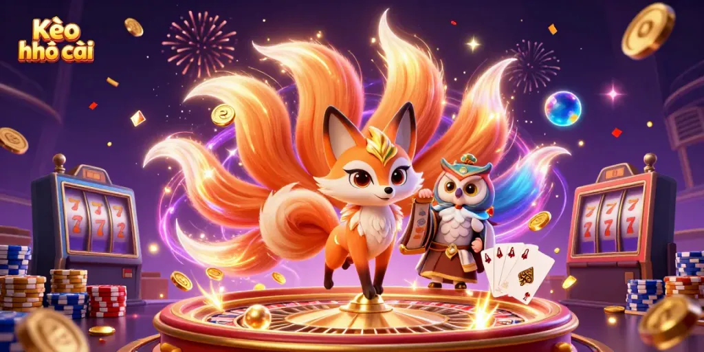 Engage with Kèo nhà cái enhanced by a cartoon fox spirit and wise owl amidst swirling gold coins and vibrant colors.