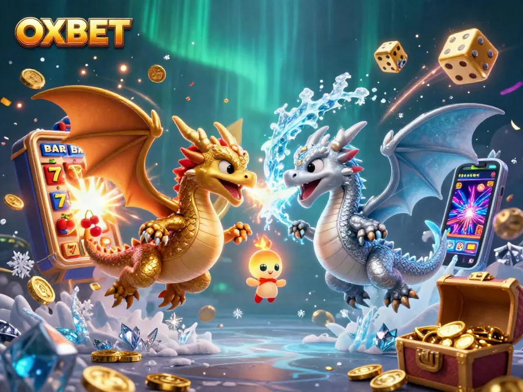 Experience the exciting OXBET gaming world as dragons unleash fire and ice amidst jackpot slots and glowing treasures.