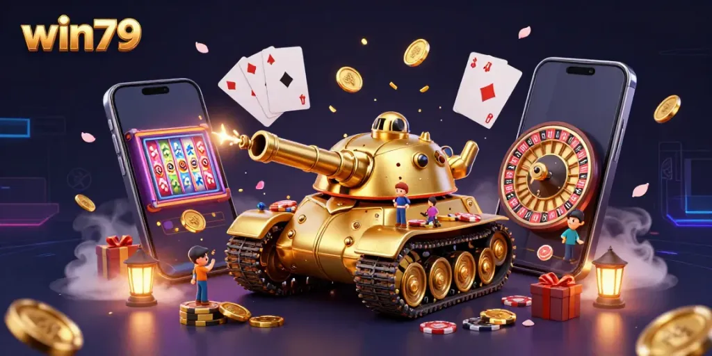 Experience the excitement of win79 with a golden beetle tank casino bursting with colorful slots and coins.