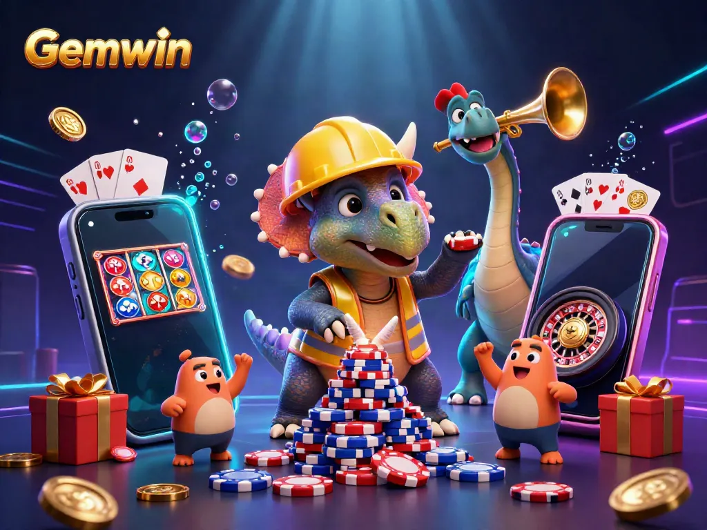 Experience Gemwin's lively gaming allure with vibrant characters and casino elements in a dynamic 3D scene.