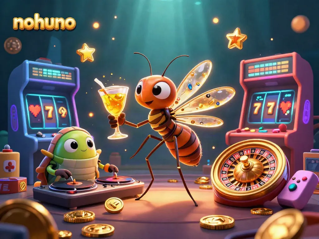 Engage with nohuno in a thrilling 3D casino escape featuring a vibrant illustration of casino gaming elements.