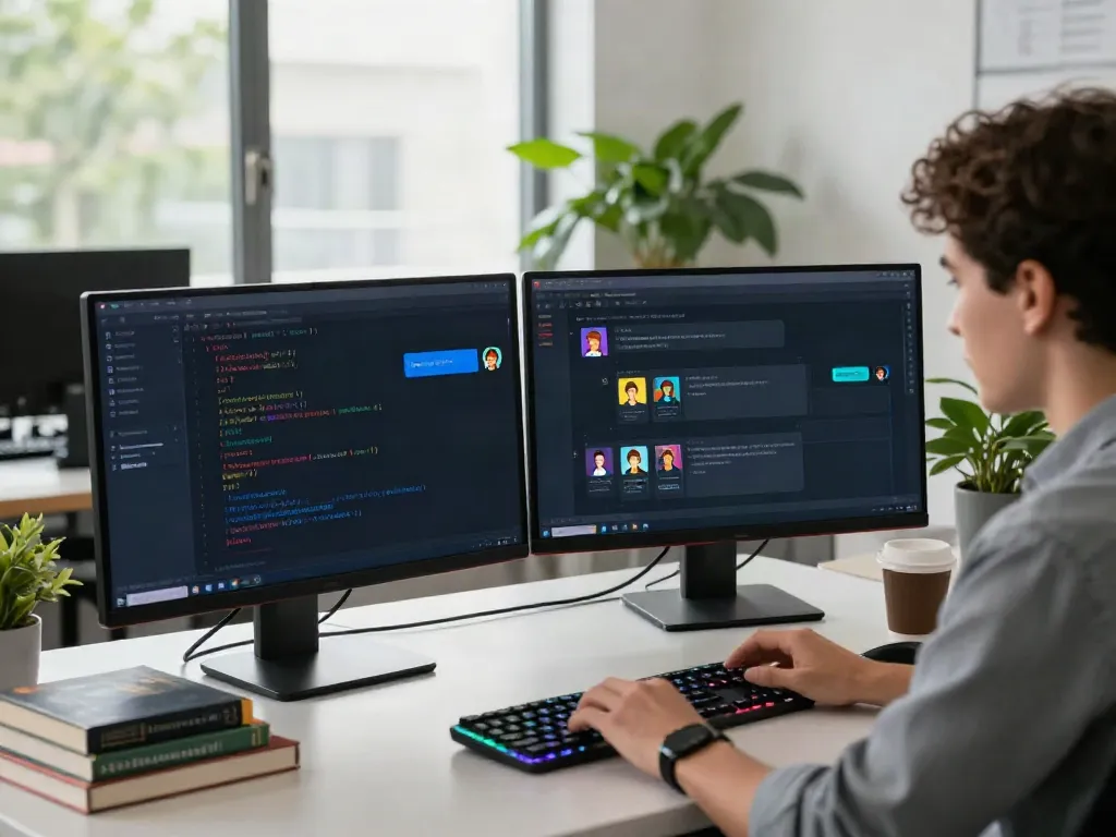 Engaged developer using uncensored AI chat in a bright tech workspace with innovative atmosphere.