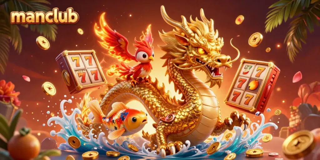 The manclub showcases a fierce golden dragon soaring over slot reels and a shower of coins, emphasizing thrilling casino gameplay.