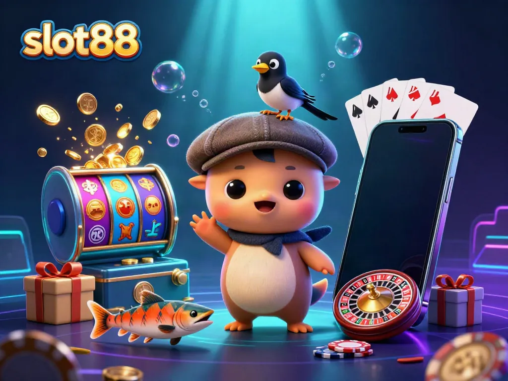 spin the slots at slot88 with playful Nessie and friends in a vibrant casino underwater scene