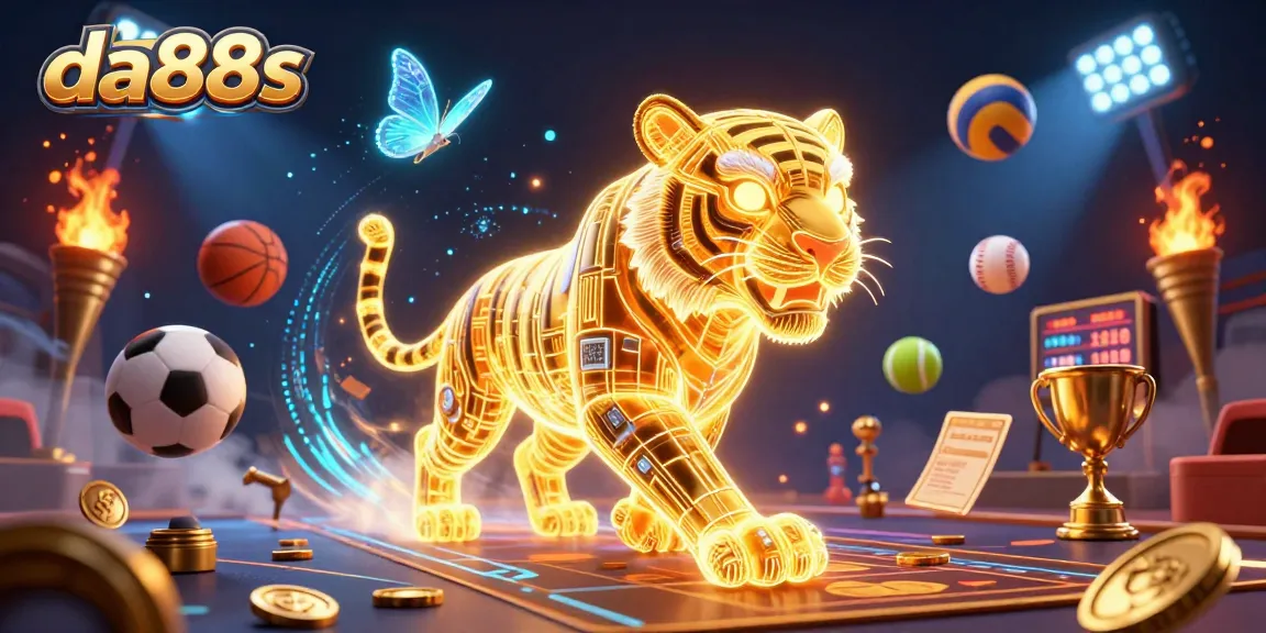 Engage with da88s casino adventures, featuring a golden tiger and vibrant sports elements in an electrifying digital realm.