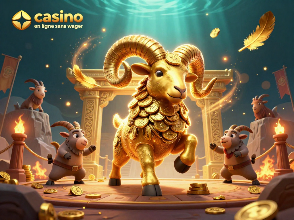 Illustration dynamique représentant un casino en ligne sans wager, avec un bélier doré et des éléments de jeu autour.