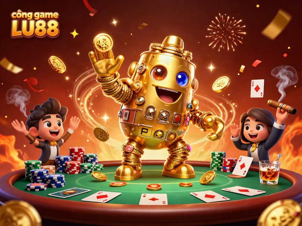 Experience thrilling action at cổng game LU88 with our dynamic casino illustration featuring golden golem and poker.