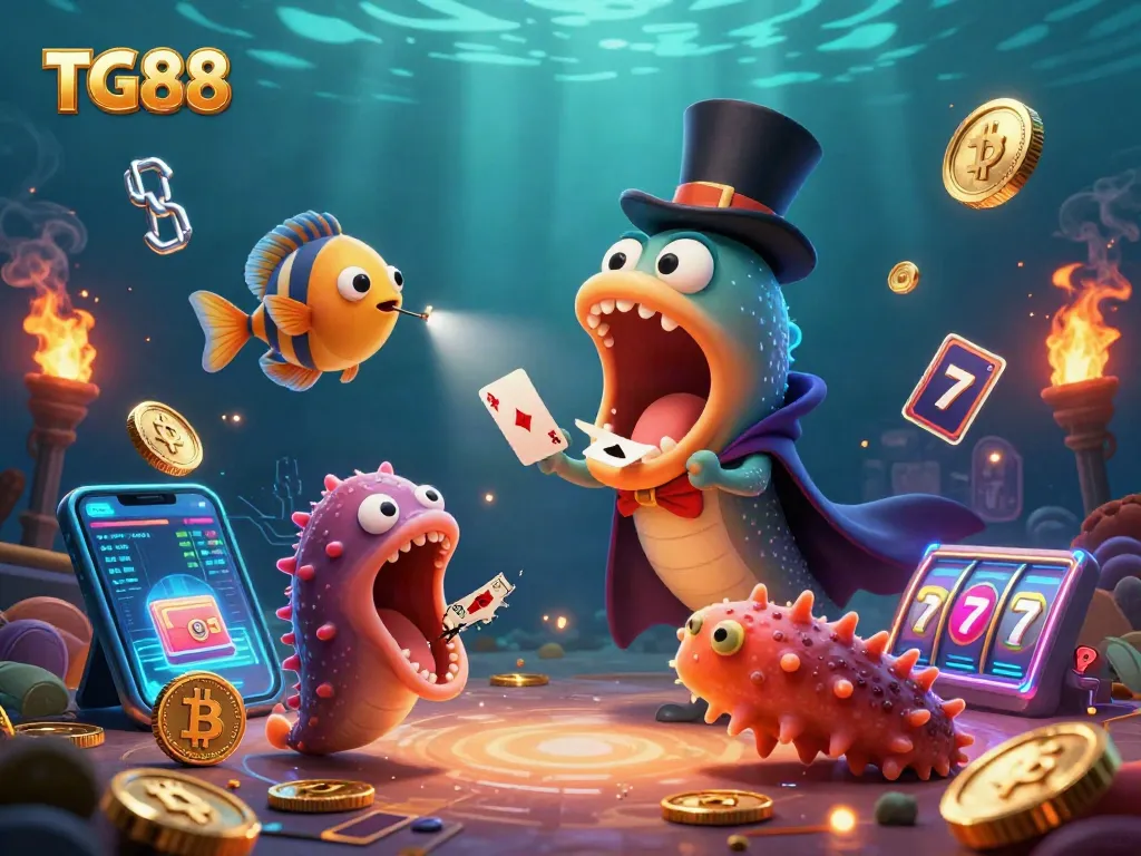 Experience exciting TG88 casino adventures with a bioluminescent eel magician performing tricks.