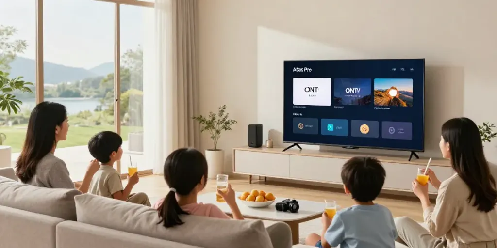 Famille profitant de l'application Atlas Pro ONTV dans un salon moderne avec ambiance chaleureuse.