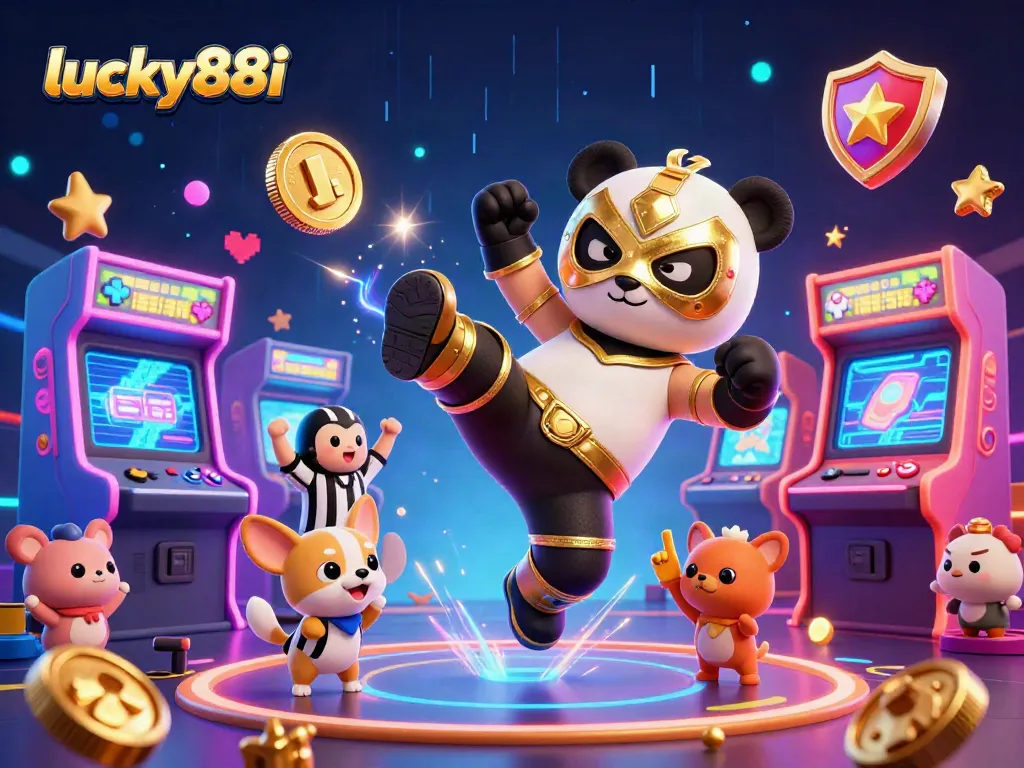 Engage with lucky88i's vibrant 3D illustration showcasing a wrestling panda in action, surrounded by arcade elements.