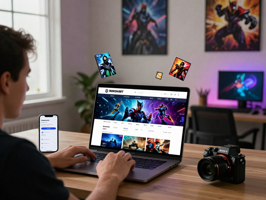 Engaged adult user exploring the ROKOK88 online gaming portal on a laptop, showcasing interactive gaming categories.