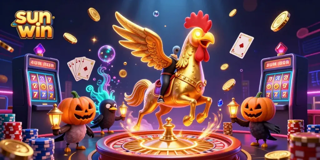 Win big with sun win in this vibrant casino adventure with golden rooster and treasure.