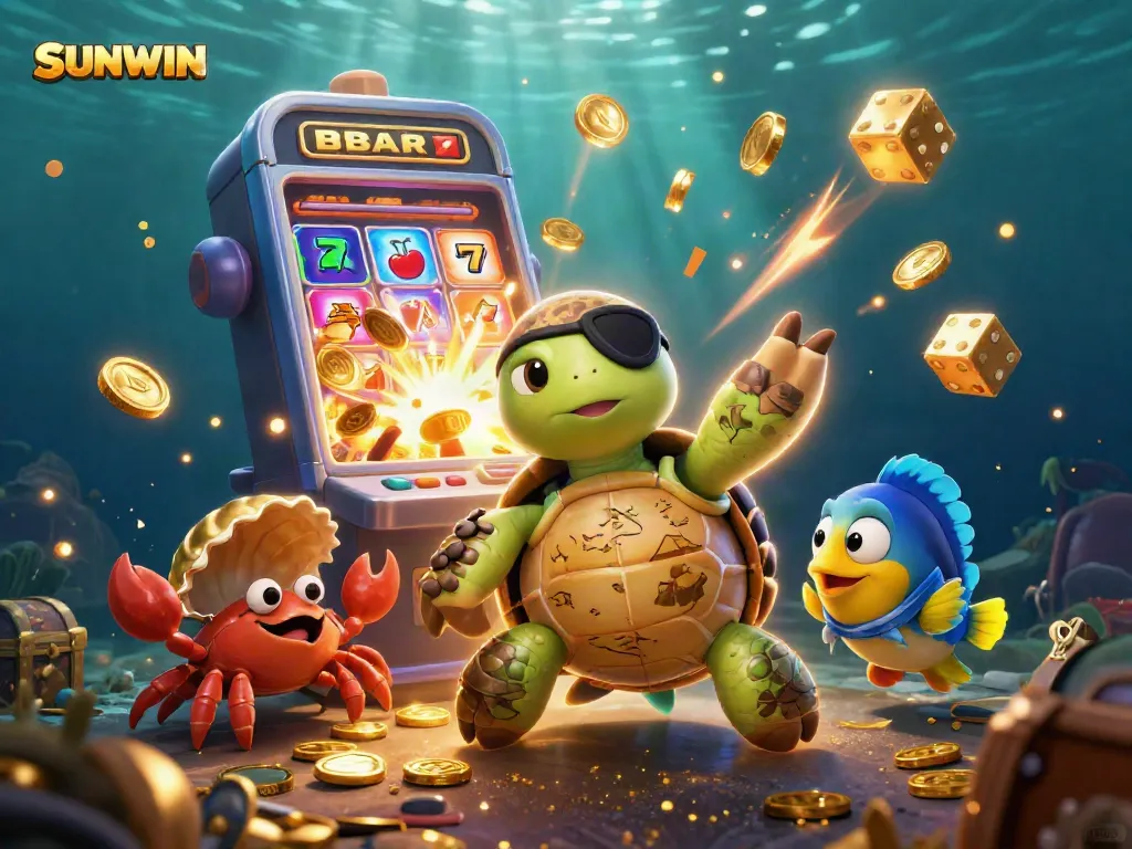 SUNWIN pirate-themed casino illustration with a turtle, hermit crab, and parrotfish near jackpot slots.