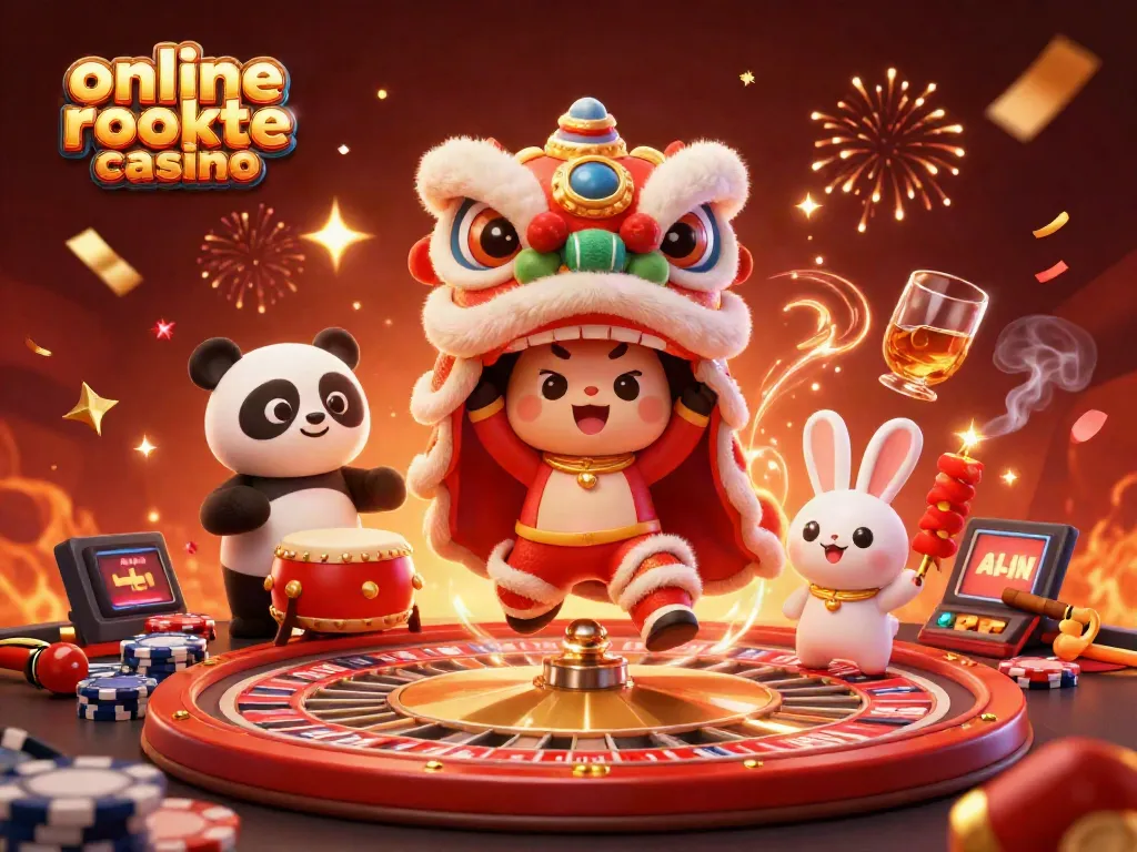 Engaging scene of a vibrant online roulette casino featuring playful characters and festive decorations.