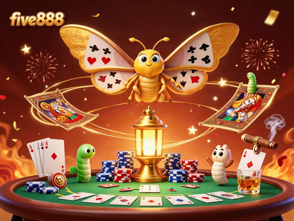 Experience riveting casino excitement with five888's dynamic 3D casino illustration featuring vibrant playing cards and poker chips.