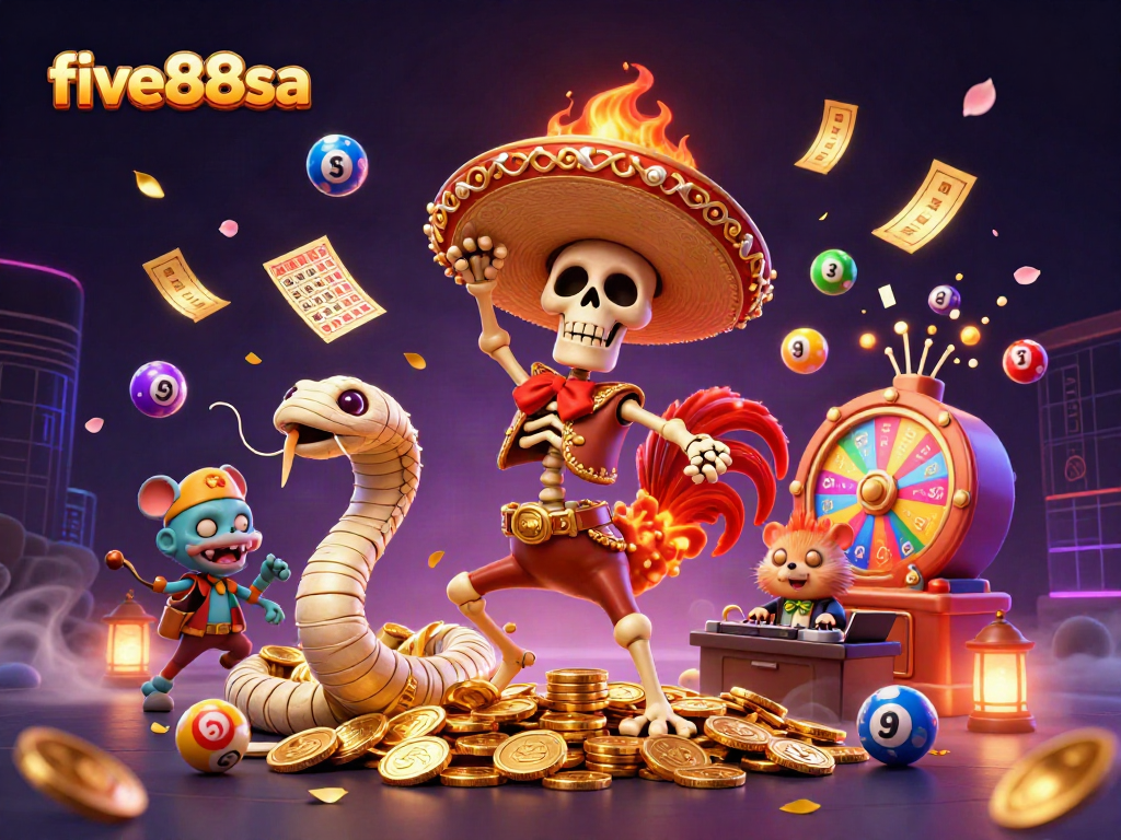 Experience lively gaming with five88sa, showcasing a dynamic casino scene with colorful lottery elements.