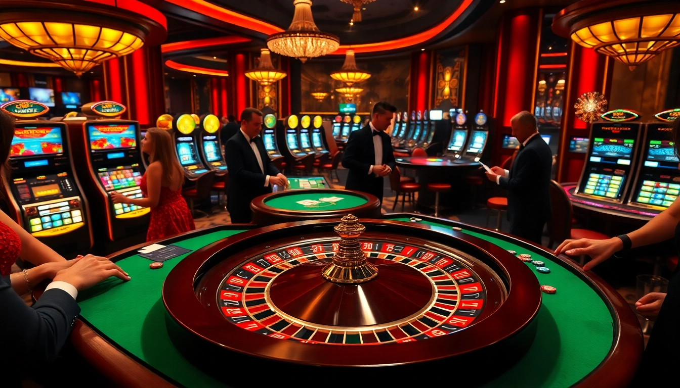 Cwin enthusiasts engaging with thrilling casino tables, surrounded by vibrant gaming elements.