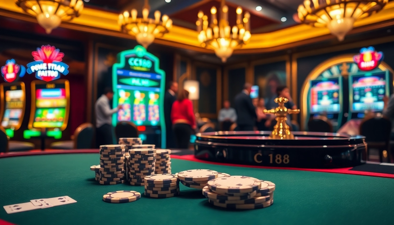 C168 casino scene showcasing luxurious poker, vibrant slot machines, and a roulette wheel.