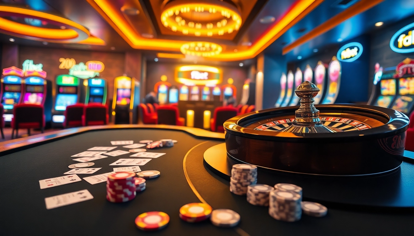 Experience the excitement of f8bet with vibrant casino tables, cards, and roulette, showcasing thrilling gambling.